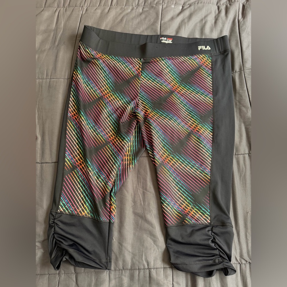 Fila Black Capri Leggings with Rainbow Diagonal Stripes